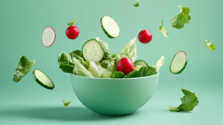 A vibrant array of fresh vegetables showcases the art of salad preparation, with crisp lettuce, cucumber, and radish elegantly suspended in a light green bowl against a soft backdrop.の素材