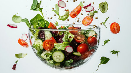 An eye-catching display of fresh salad ingredients captured in motion, showcasing vibrant colors and textures, perfect for healthy eating themes and culinary inspiration.の素材
