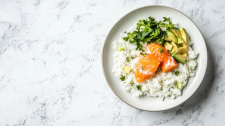 A vibrant salmon bowl featuring fresh salmon, fluffy rice, creamy avocado, and aromatic cilantro, perfect for healthy meal ideas and food photography inspiration.の素材
