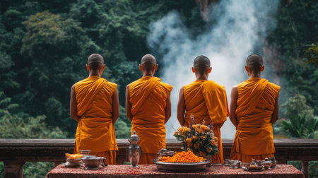 Four monks in yellow robes stand in reflective silence, overlooking a lush green landscape, surrounded by offerings and evoking a profound sense of peace and tranquility.の素材