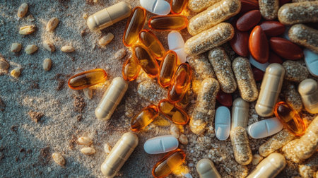 Explore a diverse range of colorful dietary supplements and vitamins scattered artfully on a natural surface, emphasizing their importance for health, nutrition, and wellness routines.の素材