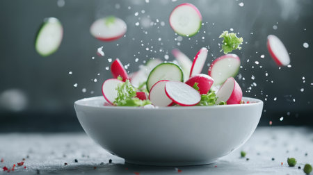 A vibrant scene showcasing fresh radishes and cucumbers flying into a salad bowl, emphasizing a playful approach to healthy cooking in a modern kitchen environment.の素材