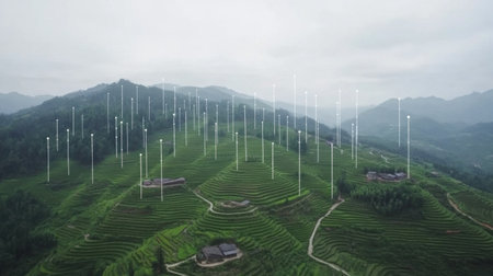 Stunning aerial view showcasing terraced fields in a mountainous region, emphasizing agriculture's beauty and potential for sustainable practices amidst nature's tranquility.の素材