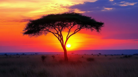 Stunning view of an acacia tree silhouetted against a colorful sunset, highlighting the beauty and tranquility of the African savannah landscape in a peaceful moment.の素材