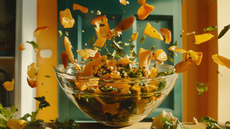 A dynamic image capturing the moment fresh salad ingredients are tossed in the air, highlighting the freshness and vibrant colors, perfect for healthy cooking promotion.の素材