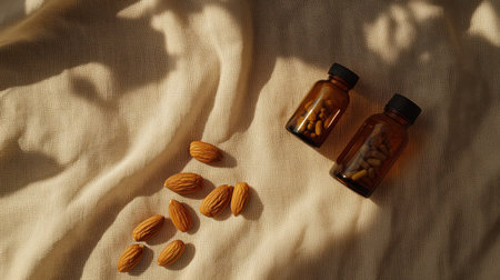 A serene arrangement featuring amber glass bottles filled with dietary supplements alongside raw almonds on soft fabric, capturing wellness and natural health aesthetics.の素材