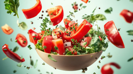A stunning display of fresh salad ingredients in mid-air, showcasing vibrant tomatoes and leafy greens. Ideal for promoting healthy eating and culinary creativity.の素材