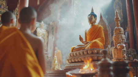 This image captures monks in orange robes meditating in a peaceful temple, highlighted by a serene Buddha statue surrounded by soft light and gentle smoke, evoking a calm spiritual ambiance.の素材
