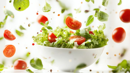 Delight in the vibrant motion of fresh salad ingredients as cherry tomatoes and greens dance in the air, representing healthy eating and culinary creativity in a bright kitchen environment.の素材