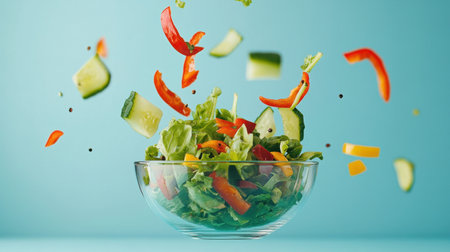A colorful vegetable salad with fresh ingredients floating against a blue backdrop, showcasing the beauty of healthy eating and vibrant flavors for culinary creativity.の素材