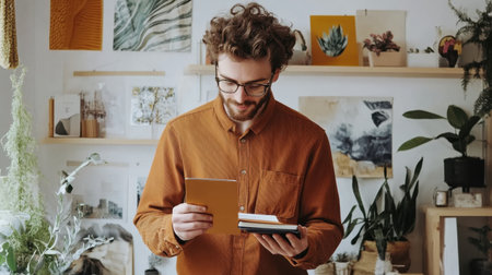 A young man is immersed in creative activities in a cozy studio filled with art and plants, embodying inspiration and tranquility in his artistic environment.の素材