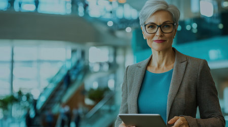 A poised businesswoman stands confidently in a modern office setting, holding a tablet, embodying professionalism and technology in a stylish environment filled with natural light.の素材