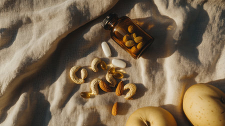 A beautiful arrangement of nuts and vitamins on a natural linen cloth, showcasing the importance of nutrition and wellness in a lifestyle-focused composition.の素材