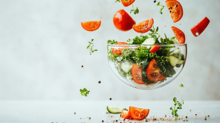A dynamic display of fresh salad ingredients, including vibrant tomatoes and greens, suspended in mid-air above a clean countertop, illustrating the beauty of healthy eating.の素材