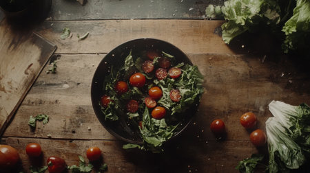 A vibrant bowl of fresh salad sits on a rustic wooden table, showcasing cherry tomatoes and crisp lettuce, perfect for inspiring healthy culinary creations in natural light.の素材