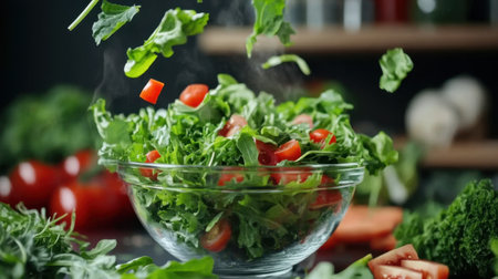 A vibrant image of a freshly tossed salad with greens and cherry tomatoes in mid-air, highlighting the freshness and excitement of healthy culinary creations.の素材