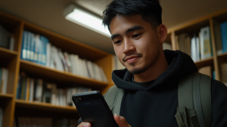 A young man in a hoodie uses his smartphone in a library, deeply focused on the device amid academic surroundings, capturing a moment of engagement with modern technology.の素材