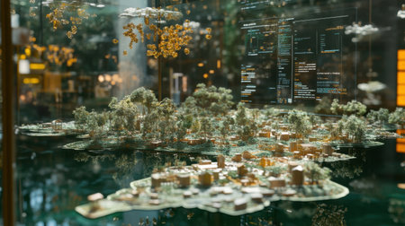 Explore a detailed model representing a harmonious blend of nature and technology, reflecting innovative approaches to urban development in a modern exhibition setting.の素材