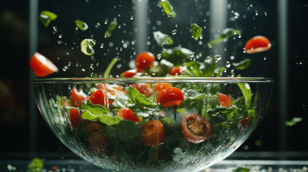 A stunning visual of assorted fresh vegetables including tomatoes and greens erupting in water droplets, highlighting the essence of nutritious meals and healthy living.の素材