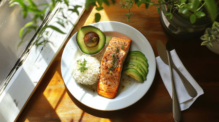 A beautifully plated grilled salmon fillet alongside fresh avocado and fluffy rice, created to inspire healthy eating with a touch of elegance and natural light.の素材