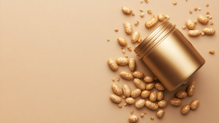 A sleek gold container showcases shiny gold-coated almonds set against a smooth beige background, perfect for highlighting luxury and gourmet snack themes in product marketing.の素材