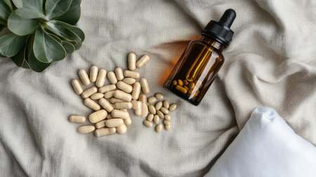 A serene arrangement featuring herbal supplements and an essential oil dropper on a soft fabric surface, perfect for promoting health and wellness concepts.の素材