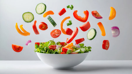 A visually stunning image showcasing an assortment of fresh vegetables hovering above a bowl of salad, highlighting the beauty of healthy eating and vibrant colors in nutritious meals.の素材