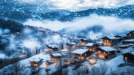 A beautiful winter village scene with snow-covered homes illuminated at dusk, showcasing a blend of nature and technology through digital network connections above the landscape.の素材