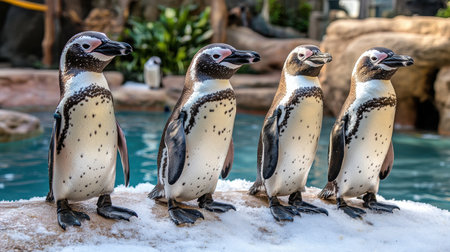A lively scene featuring four charming penguins standing on a ledge near water, highlighting their playful behavior and unique characteristics in a vibrant setting.の素材