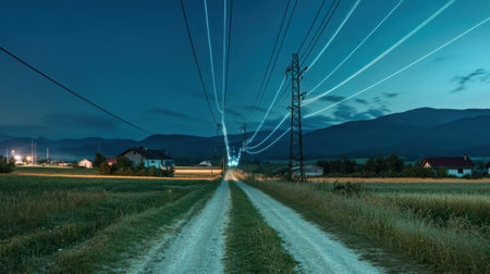A tranquil rural landscape showcases power lines stretching across the twilight sky, emphasizing the harmony between nature and human infrastructure in a serene countryside setting.の素材