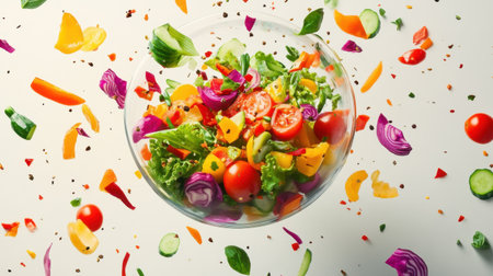A vibrant fresh salad composed of various colorful vegetables and herbs beautifully arranged in a bowl, evoking a sense of healthy eating and culinary creativity.の素材