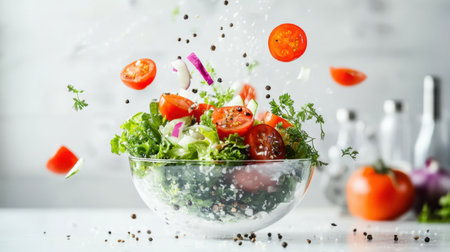 A dynamic salad scene showcasing fresh vegetables and herbs in motion, highlighting the creativity and vibrancy of healthy cooking, perfect for food lovers and culinary enthusiasts.の素材