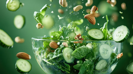 A dynamic shot of fresh salad ingredients including greens and nuts splashing in a glass bowl, capturing the essence of health, vitality, and colorful cuisine for food lovers.の素材