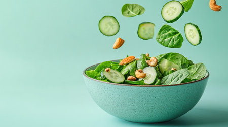 A colorful salad featuring fresh spinach, crisp cucumbers, and crunchy nuts against a soft teal background, perfect for promoting healthy eating habits and vibrant culinary dishes.の素材