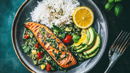 This vibrant plate features grilled salmon fillet paired with white rice, creamy avocado, fresh herbs, and a slice of lemon, perfect for a healthy meal option packed with flavor.の素材
