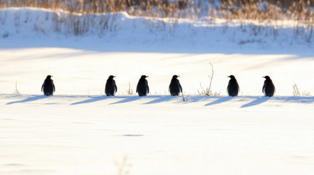A captivating scene of seven black birds standing in a row on a snowy surface, providing a beautiful contrast with their surroundings in a serene winter landscape.の素材