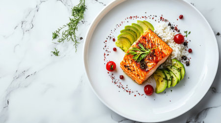 A beautifully presented dish featuring a perfectly cooked salmon fillet with slices of avocado, cherry tomatoes, and rice, perfect for promoting healthy eating and gourmet cuisine.の素材