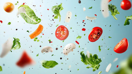 A dynamic composition of fresh vegetables and herbs suspended in mid-air, showcasing a lively burst of color and texture ideal for healthy recipes and culinary inspiration.の素材