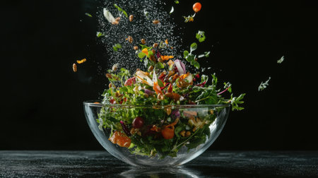 A dynamic image of a fresh salad splashing in a clear bowl, highlighting the colors and textures of various vegetables and herbs against a dark backdrop, ideal for healthy eating promotion.の素材