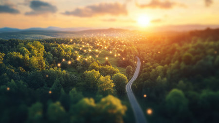 A breathtaking sunset scene featuring a winding road through lush green forests, illuminated by soft glowing lights, ideal for conveying tranquility and adventure in nature.の素材