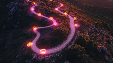 This stunning aerial image captures a winding road illuminated by glowing circles, creating a serene and enchanting scene set amidst lush vegetation and rocky landscapes during dusk.の素材