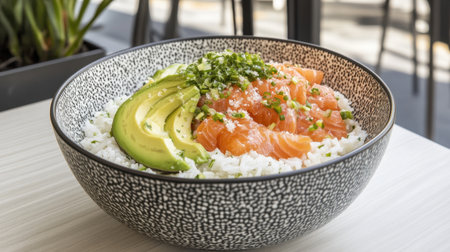 A vibrant sushi bowl featuring fresh salmon, creamy avocado, and fluffy rice, garnished with herbs, perfect for a nutritious lunch or dinner experience.の素材