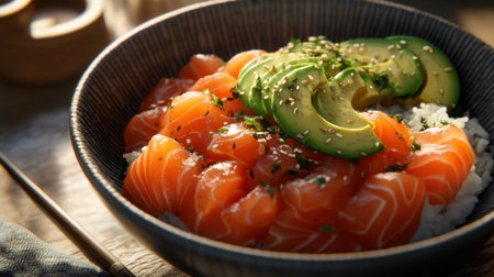 A vibrant sushi bowl featuring fresh salmon and avocado slices atop fluffy rice, garnished with sesame seeds, perfect for food lovers seeking healthy meals.の素材