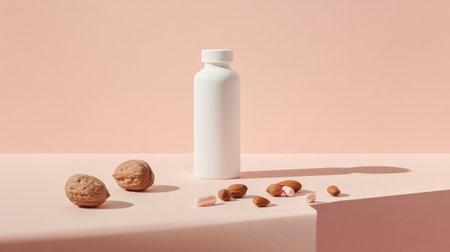 A stylish white bottle surrounded by assorted nuts on a soft pink surface, perfect for health and nutrition themes in modern lifestyle imagery.の素材
