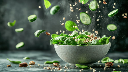 A vibrant display of fresh salad ingredients including spinach, cucumbers, and nuts splashing into a bowl, showcasing healthy meal preparation in a stylish kitchen setting.の素材