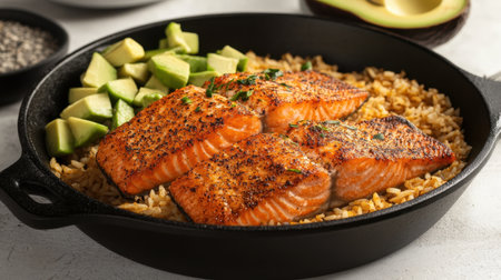 A mouth-watering display of salmon fillets served over seasoned rice, complemented by fresh avocado cubes in a stylish cast iron skillet, perfect for food enthusiasts.の素材