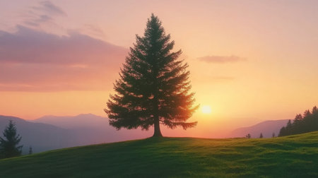 A stunning sunset scene featuring a silhouetted pine tree against a colorful sky, highlighting the beauty of nature and tranquility found in outdoor landscapes.の素材