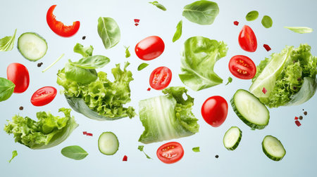 A captivating arrangement of fresh vegetables floating mid-air, showcasing the vibrant colors and textures of lettuce, tomatoes, cucumbers, and basil. Perfect for health, cooking, or food concepts.の素材
