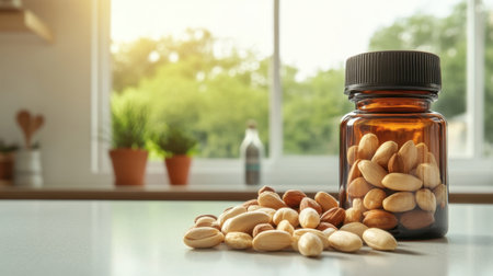 A beautifully styled shot of a glass bottle filled with mixed nuts on a kitchen counter, surrounded by soft natural light and greenery, perfect for healthy living themes.の素材