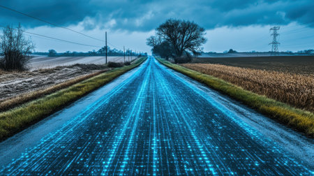 A captivating image of a road illuminated by a digital glow, symbolizing the fusion of technology with tranquil rural scenery under a dramatic overcast sky.の素材